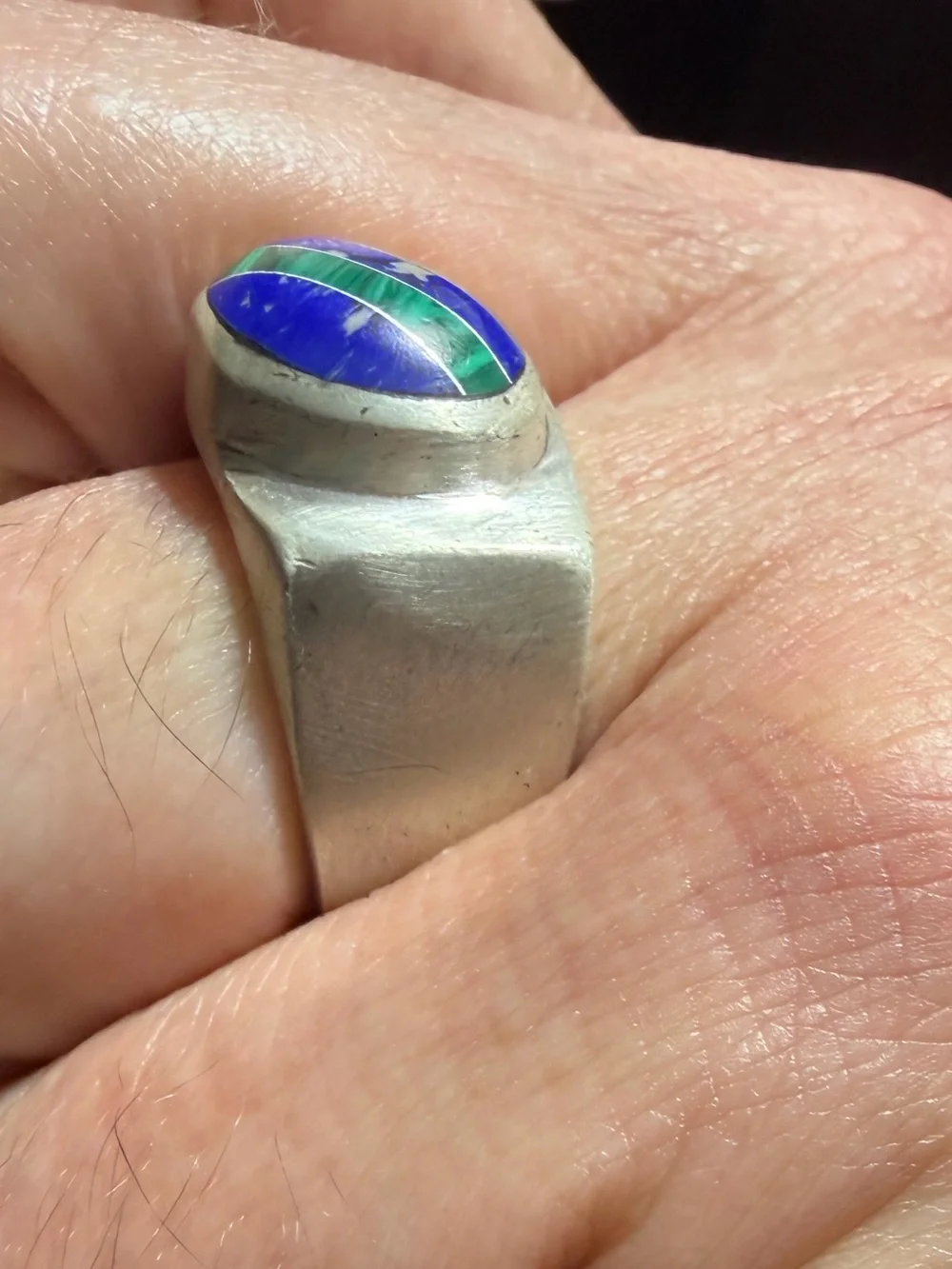 Vintage TAXCO Mexico 925 Sterling Silver Malachite Lapis Ring Size 11.5